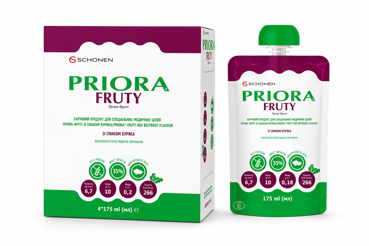Харчовий продукт для спеціальних медичних цілей ПРІОРА ФРУТІ/PRIORA FRUTY зі смаком буряка, 4*175 ml (мл)